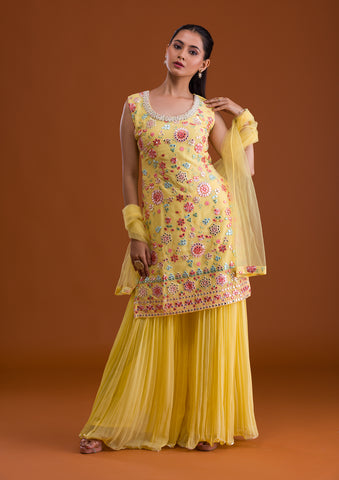 Yellow Sharara Suit Set With Mirror Embroidery Latest 3661SL08